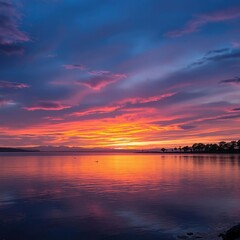 Obraz premium A peaceful lake reflecting the vibrant colors of a sunset with silhouettes of wildlife in the distance, water, scenery, twilight, wildlife