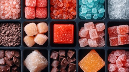 Colorful assortment of gummy candies arranged in a black tray for candy lovers to enjoy