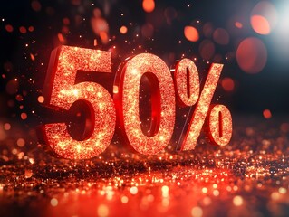 Abstract discount percentage symbols 50% in bold red and white colors with glowing accents.