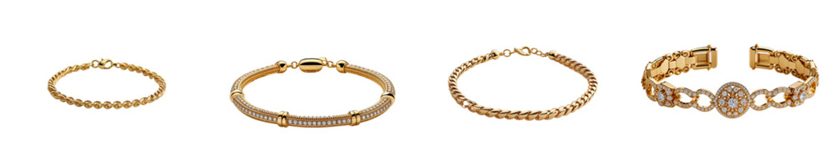 Collection of Gold bracelet isolated on a white background as transparent PNG