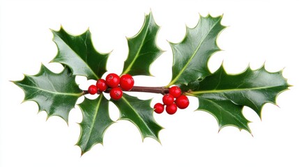 Holly Plant with Red Berries and Green Sharp Leaves on White Background