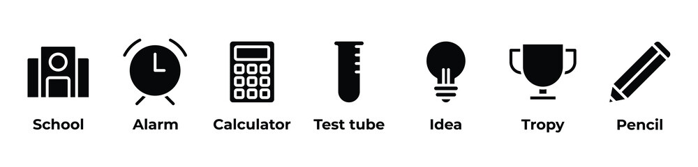 A Journey Through Learning and Achievement Icons set vector illustration with School, Alarm, Calculator, Test tube, Idea, Tropy, Pencil