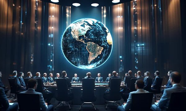 A futuristic conference featuring a glowing holographic Earth at the center of a roundtable discussion, symbolizing global collaboration and innovation.