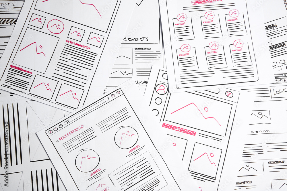 Wall mural developing ui design. sketches of website wireframes as background, top view