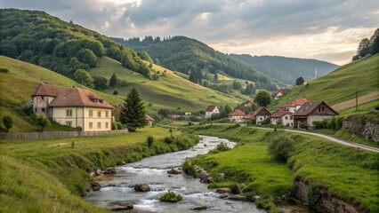 Fototapeta premium A picturesque village nestled in the rolling hills of a rural landscape with a gentle stream flowing through it, peaceful atmosphere, countryside, village scene, rolling hills, rural landscape