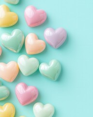 Obraz premium Modern candy hearts on vibrant background concept. Colorful heart-shaped candies on a blue background