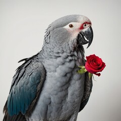 Obraz premium A parrot standing confidently with a rose in its talons, wings slightly open, captured perfectly on a seamless white background.