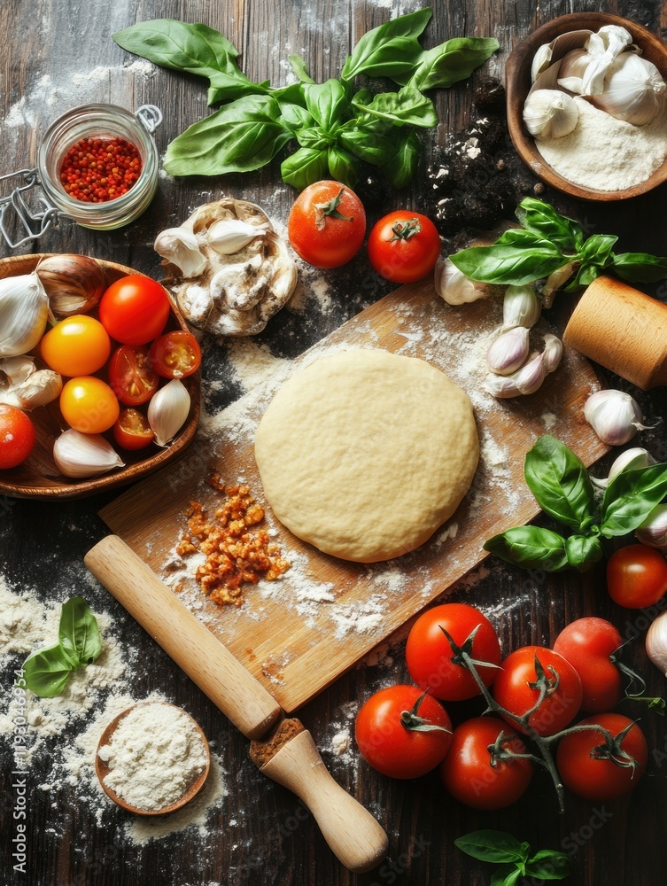Poster fresh ingredients arranged for a delightful cooking experience on a rustic kitchen table. generative