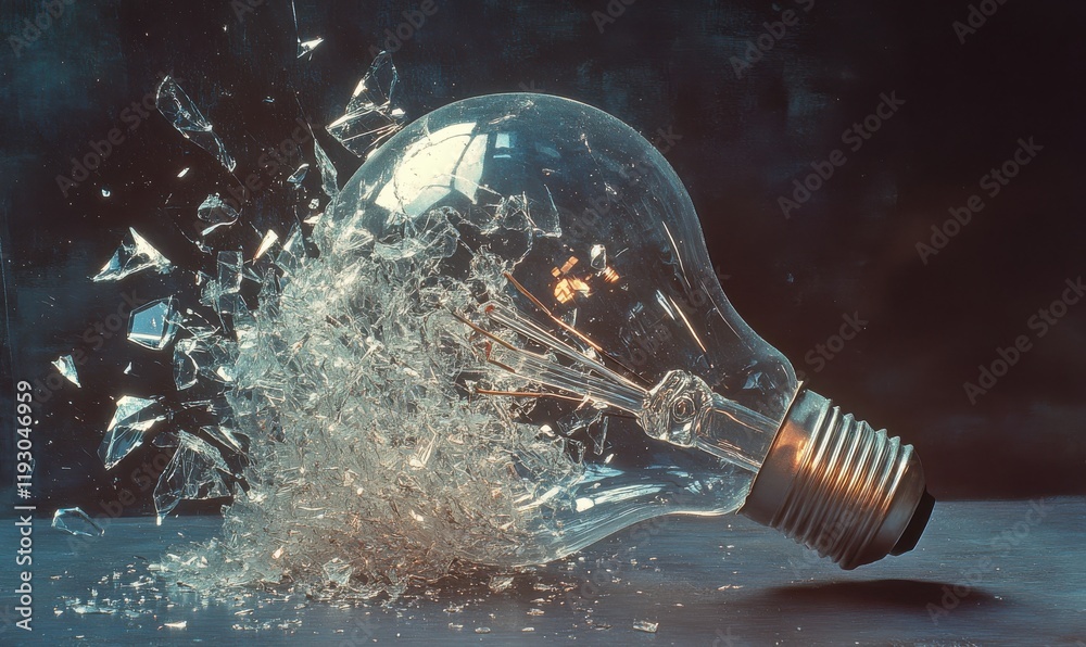 Poster shattered glass light bulb with exploding fragments on dark background capturing the moment of destr