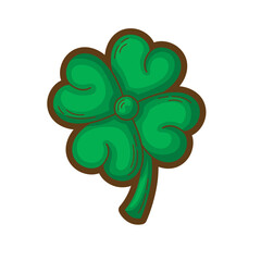 Green four leaf clover stem with brown outline symbolizes good luck. Suitable for St. Patrick's Day designs or lucky charm concepts