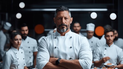 Professional chefs gathered in a busy kitchen during a culinary event at night