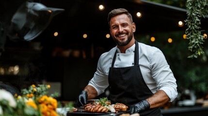 Skilled chef presenting a beautifully arranged platter of grilled dishes at an outdoor event