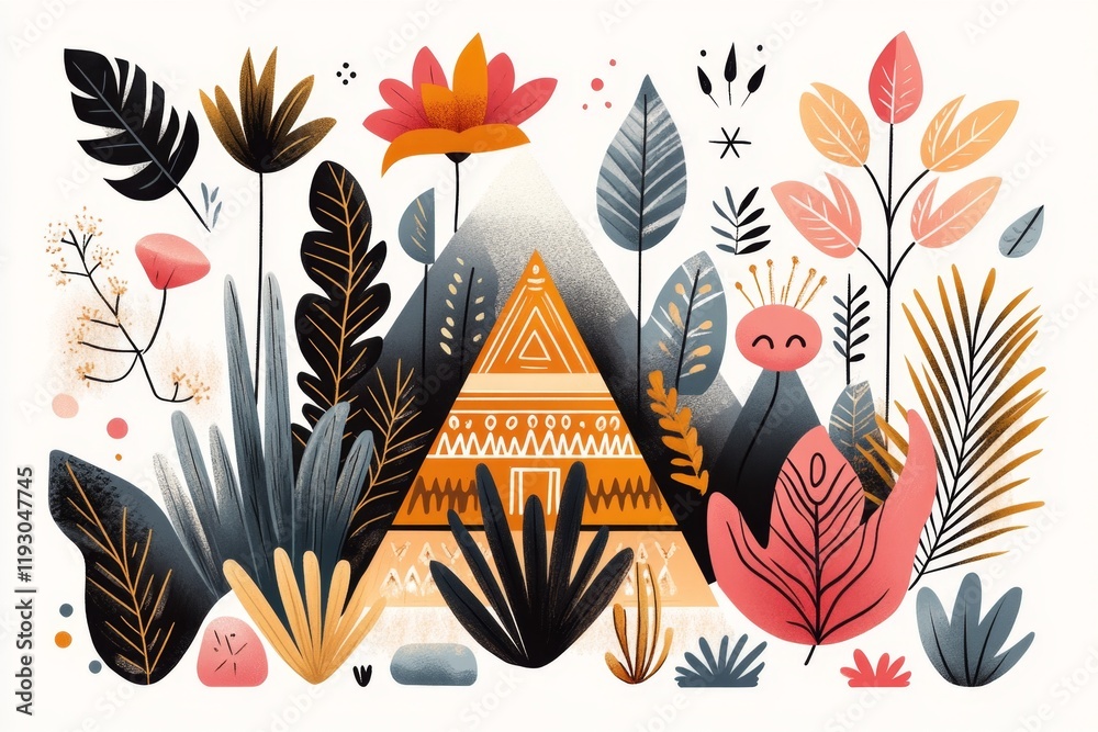 Poster A flat design of the pyramid framed by stylized palm trees and Mayan symbols, drawn with bold colors and sharp edges on a white canvas