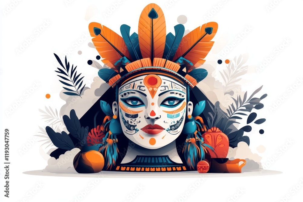 Poster A flat design of the pyramid with Aztec and Mayan elements harmoniously integrated, surrounded by stylized clouds and jungle foliage on a white canvas