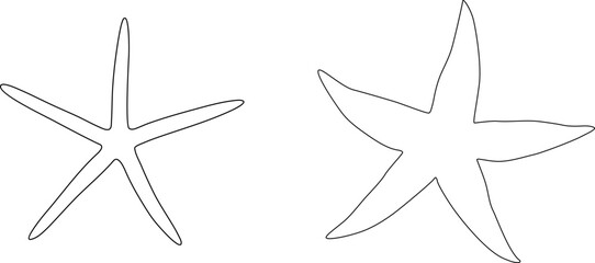 Set of black and white silhouette of starfish isolated on white background. Monochrome outline drawing. Vector illustration. For coloring, beach themes, marine decor, cards, printing, packaging