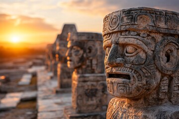 A fusion of Aztec and Mayan deities depicted in carvings on Uxmal structures, blending two ancient cultures