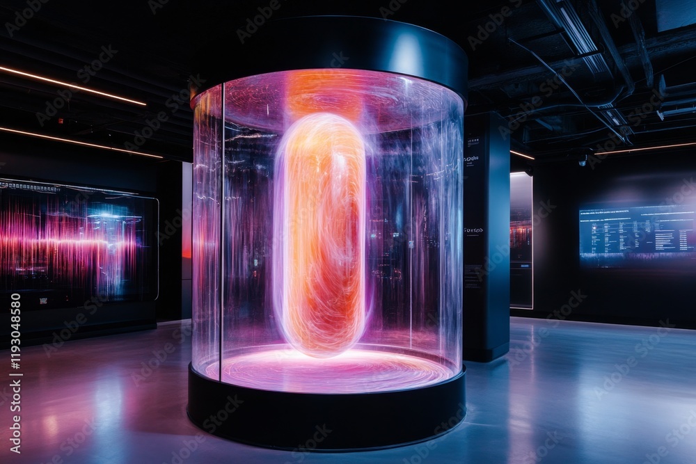 Poster a futuristic uv isolation chamber glowing with vibrant ultraviolet light, containing a single object