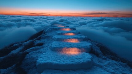 Illuminated steps leading through snowy mountaintop cloudscape at sunset.