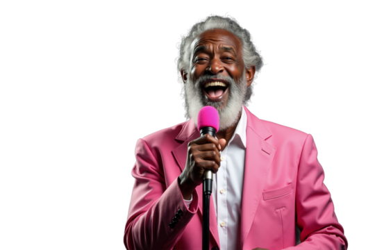 Elderly man in a pink blazer joyfully singing with a microphone on a transparent background, expressing happiness and charm