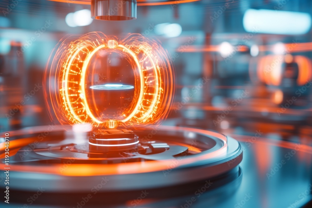 Poster a futuristic uv isolation chamber glowing with vibrant ultraviolet light, containing a single object