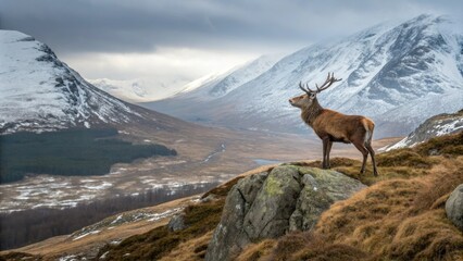 A red deer stands on a rocky outcrop overlooking the valley of Glen Etive, its large antlers visible in the winter landscape, Scotland, animal