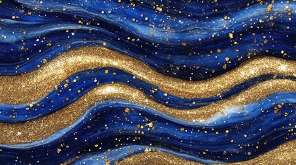 Abstract Blue and Gold Waves with Glittering Sparkles Design