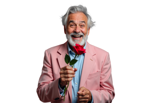 Elderly man with a joyful smile wearing a pink blazer and holding a red rose on a transparent background - Powered by Adobe