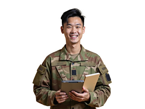 Smiling soldier holds tablet and notebook in military uniform while standing against white background