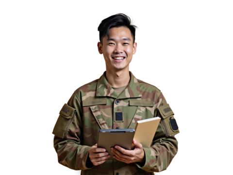 Smiling soldier holds tablet and notebook in military uniform while standing against white background