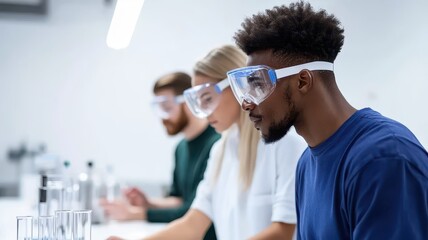 Safety training workplace knowledge concept. Laboratory scene featuring focused individuals wearing safety goggles and engaged in experiments.