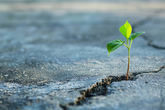 A sprout grows from a crack in the concrete. This is a symbol of life that breaks through obstacles.