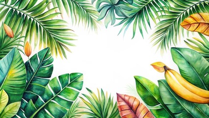 Fototapeta premium Lush Tropical Foliage Border Featuring Vibrant Banana and Palm Leaves Ideal for Wedding Invitations or Summer Themed Designs