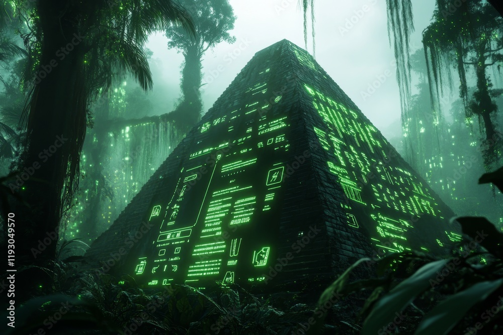 Poster a futuristic reimagining of the uxmal pyramid with glowing aztec-style holograms and digital glyphs 