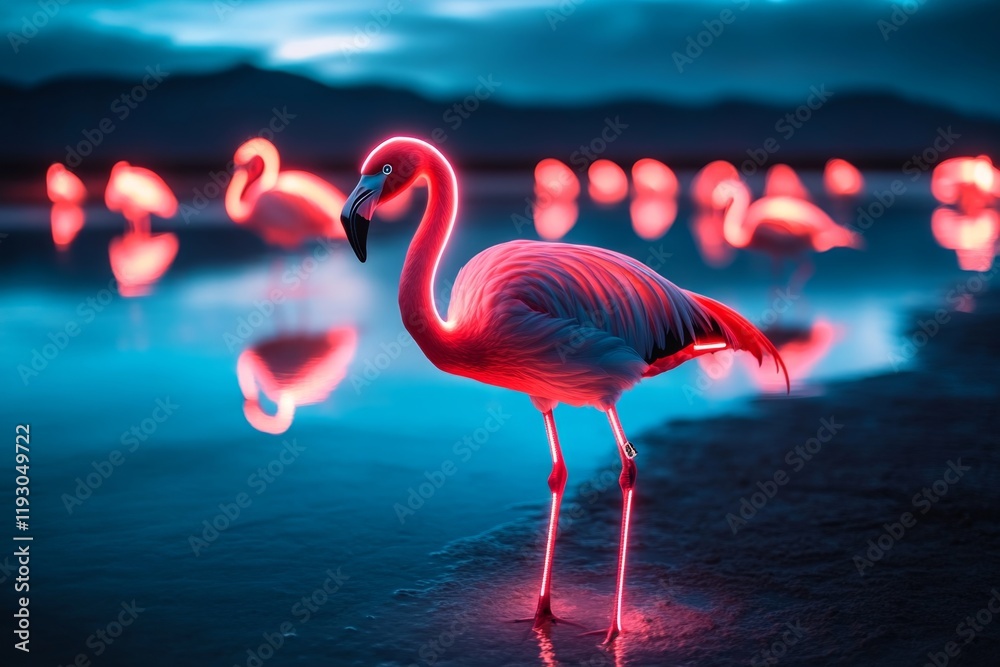 Poster a futuristic scene of neon-glowing flamingos on salar de uyuni, with their reflections creating vivi