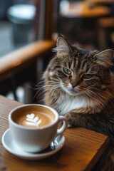 Relaxed cat gazes at latte, showcasing cozy café ambiance and ch