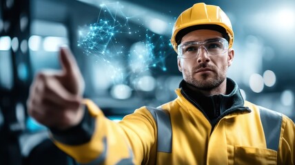 Safety training workplace knowledge concept. A construction worker interacts with digital technology in a modern environment.