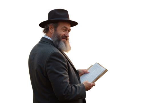 Rabbi reading a sacred text outdoors at sunset, showcasing spiritual connection and deep reflection in a peaceful environment