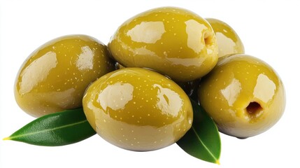 Fresh Green Olives on White Background with Leaves and Shine