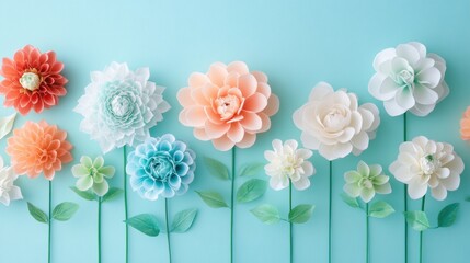 Colorful Paper Flowers Arrangement on Turquoise Background