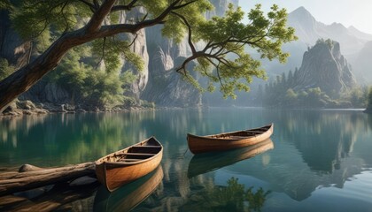 A small wooden canoe moored to a tree branch overhanging the calm waters of a secluded mountain lake, wood, serene