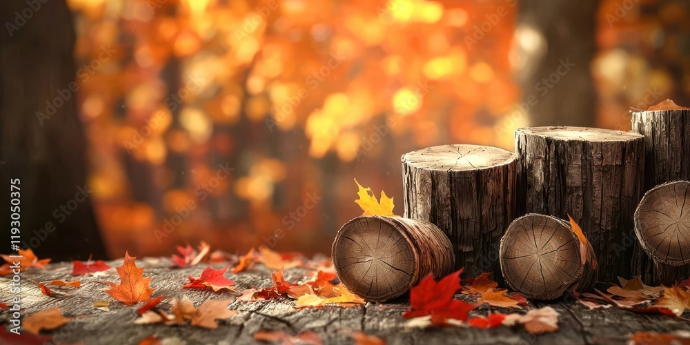 Poster pile of logs with leaves on top of them