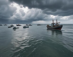 A large body of saltwater with some fishing boats in the distance under a dense and overcast cloudy sky , sail, vessels, blue colour