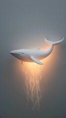 A white whale is flying through the air with a light shining on it