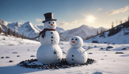 Obraz premium A snowman made of snow and coal in the winter landscape, Frosty Weather, Winter Wonderland