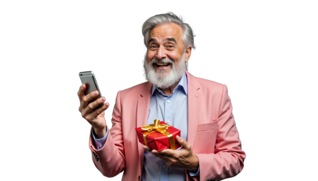 Elderly man dressed in a pink blazer holding a gift and a smartphone, radiating happiness on a transparent background - Powered by Adobe
