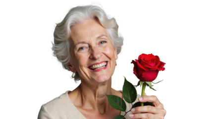 Woman celebrating International Women's Day with a smile and a rose on March 8, expressing joy and empowerment for women around the world