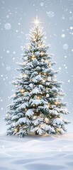 Fototapeta premium A beautiful Christmas tree decorated with ornaments and lights under a blanket of fresh snow, frosty landscape, lights, cozy atmosphere, ornaments