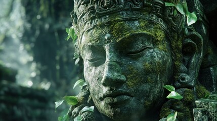 Obraz premium Ancient moss covered stone statue with closed eyes in a dense jungle environment