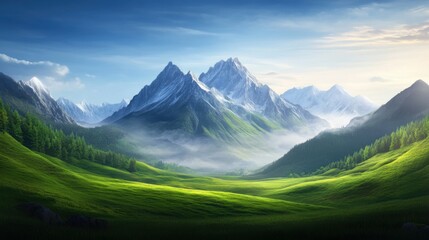 Fototapeta premium Scenic Mountain Range with Lush Green Valleys and Misty Atmosphere under a Bright Blue Sky