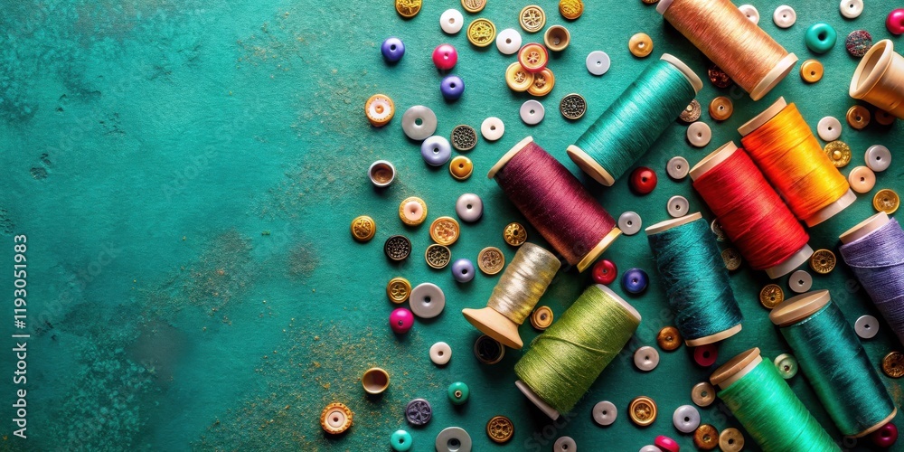 Poster colorful threads and buttons on a teal surface